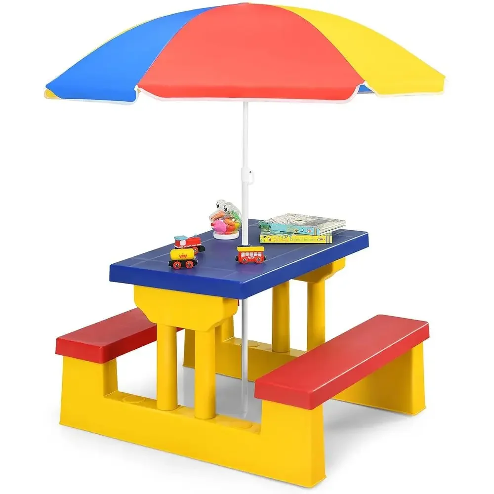 Kids Outdoor Bench With Umbrella - Meerkleurige buitenpicknicktafelset voor kinderen met afneembare