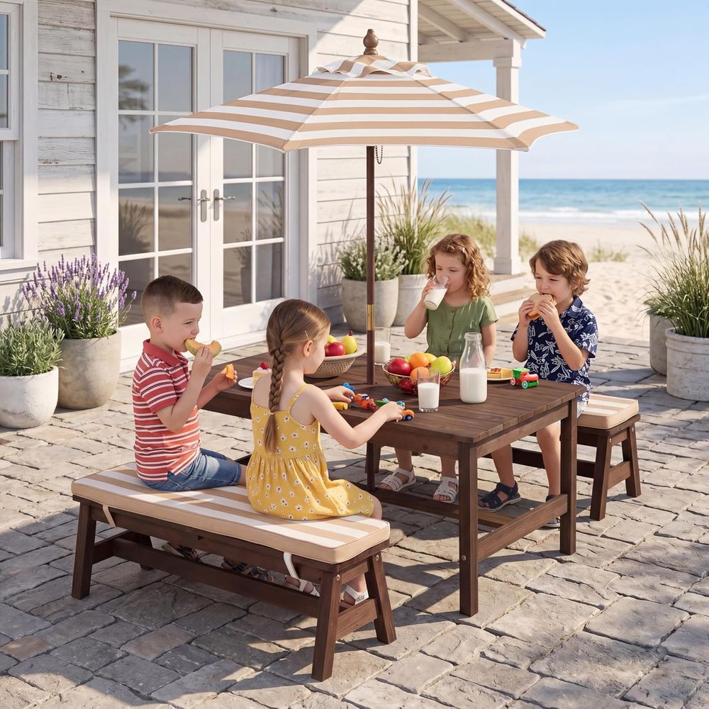 Kids Outdoor Bench With Umbrella - Picknicktafel voor kinderen, groot tafelblad van