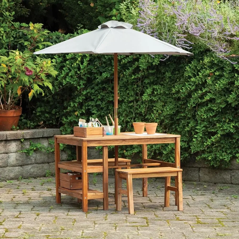 Kids Outdoor Bench With Umbrella - Kinderbuitenactiviteitenset met tafel, banken & parasol: