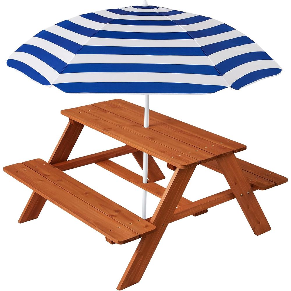 Kids Outdoor Bench With Umbrella - Houten kinderpicknicktafel met parasol, tafelset voor