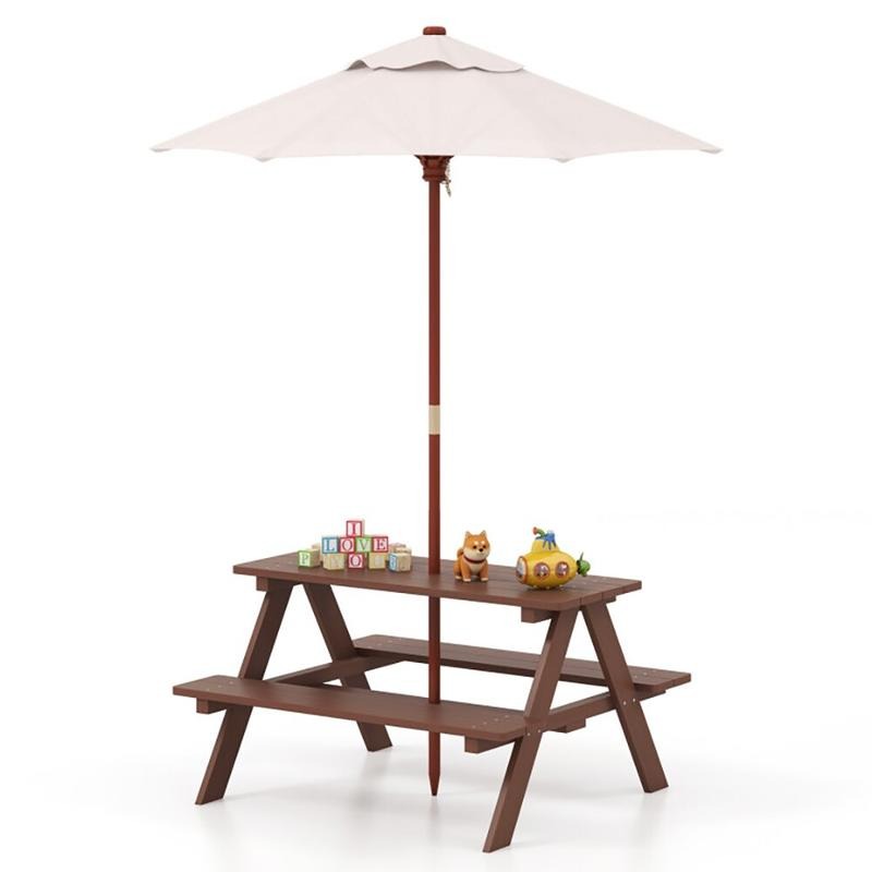 Kids Outdoor Bench With Umbrella - Buiten picknicktafelset voor 4 kinderen met