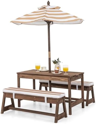 Kids Outdoor Bench With Umbrella - Kinderpicknicktafel, houten tafel- en bankset voor
