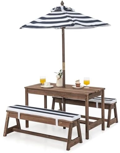 Kids Outdoor Bench With Umbrella - Kinderpicknicktafel, houten tafel- en bankset voor