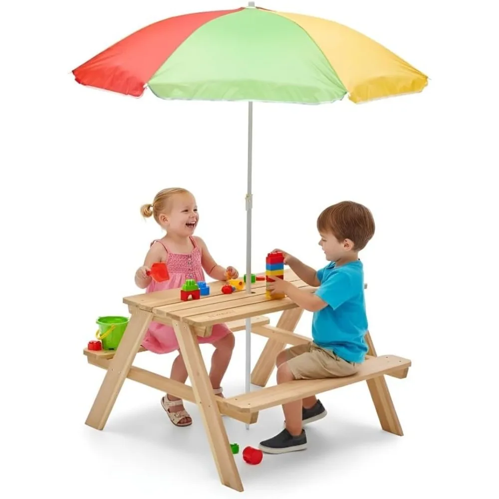 Kids Outdoor Bench With Umbrella - Houten kinderpicknicktafel, buitenactiviteitenset voor peuters met