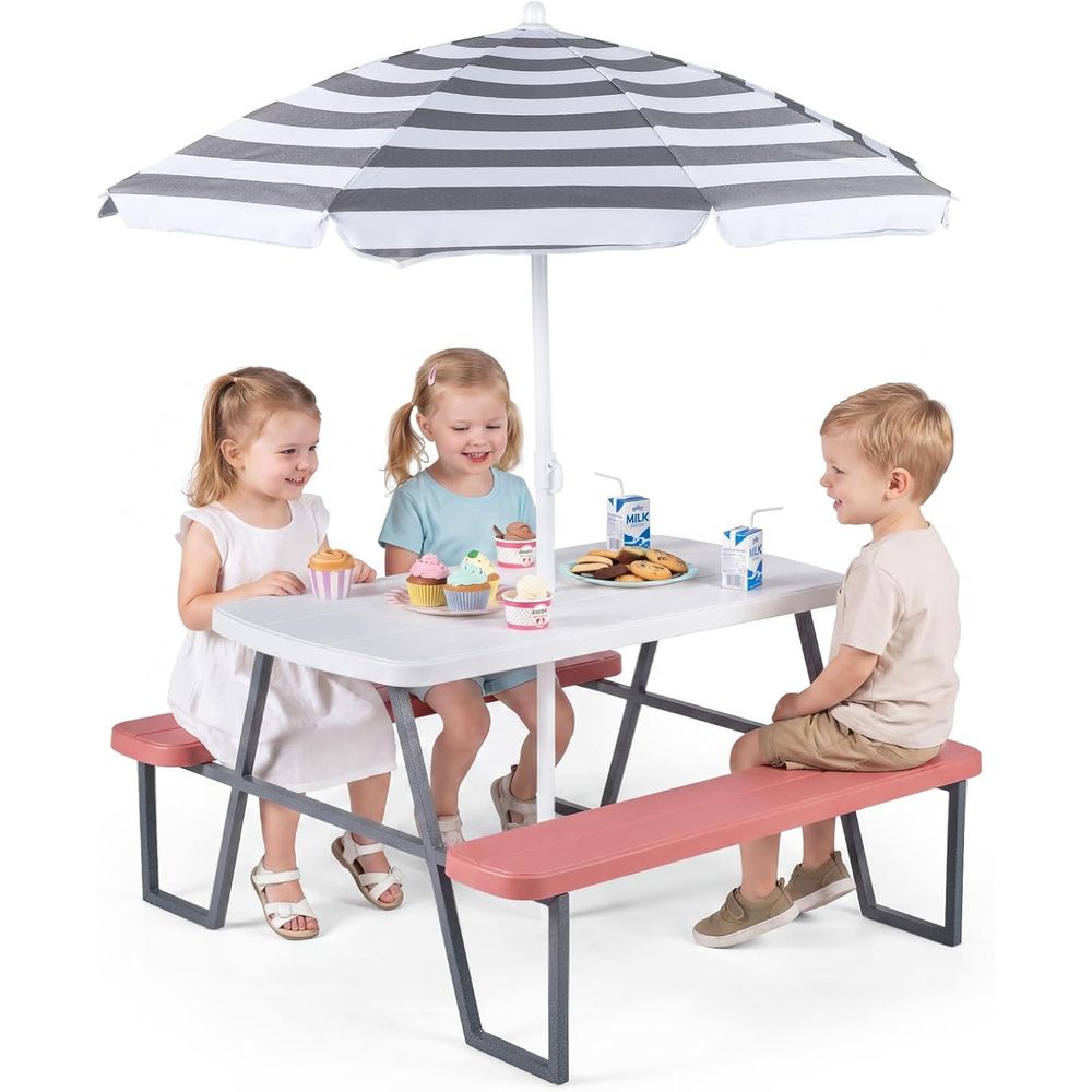 Kids Outdoor Bench With Umbrella - Picknicktafel voor kinderen, buitentafel en bankset