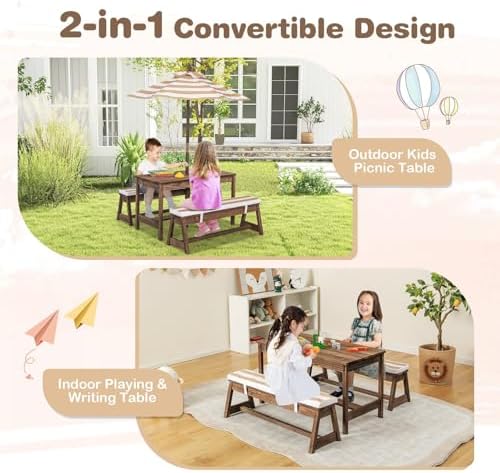 Kinderpicknicktafel, houten ta - Kids Outdoor Bench With Umbrella recensie en prijs