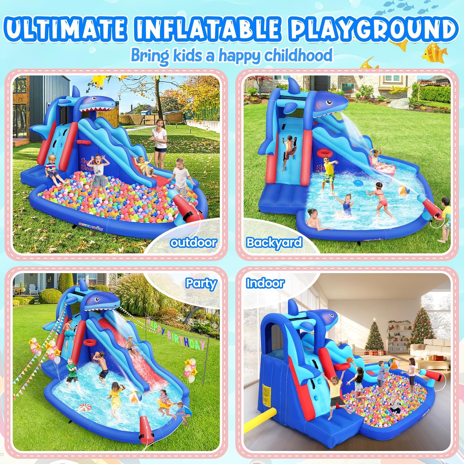 Opblaasbaar waterpark met haai - Kids Outdoor Inflatable Water Slide recensie en prijs
