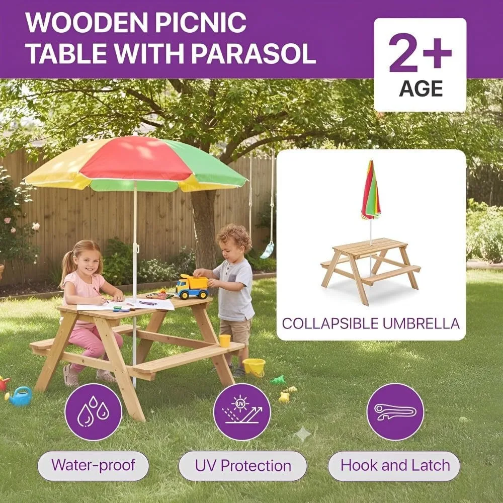 Houten kinderpicknicktafel, bu - Kids Outdoor Bench With Umbrella recensie en prijs